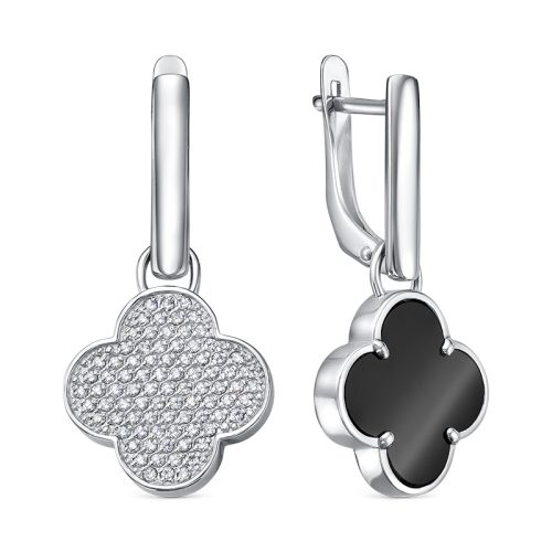 Серебряные серьги 925 пробы с ониксом и фианитами