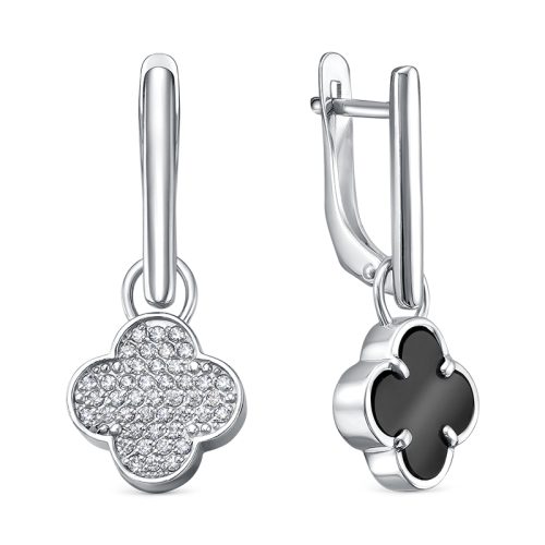 Серебряные серьги 925 пробы с ониксом и фианитами